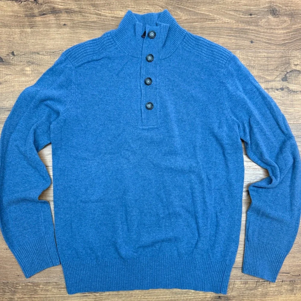 Banana Republic Mens L Blue Italian Yarn Button‎ 1/4 Zip Mock Neck Sweater READ